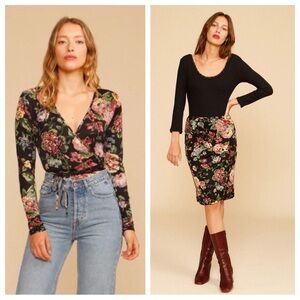Rouje Paris 2 pc Set: Sade Wrap Top & Caro Skirt in Jardin D'Atomne Noir 34/US2